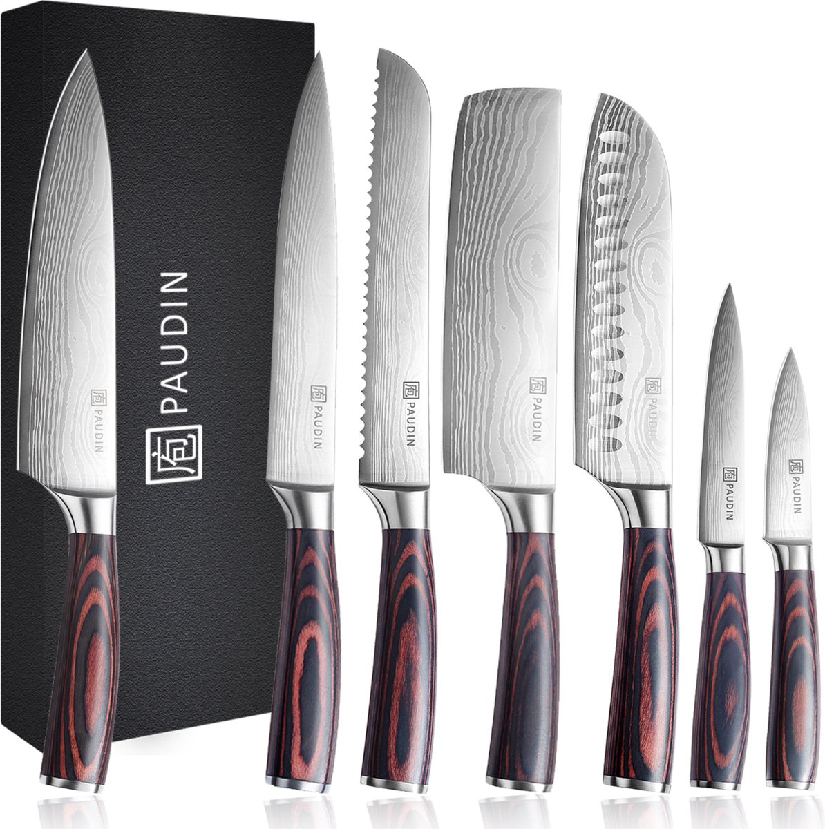 PAUDIN NS7 Professionele Messenset met Japans Design - Set van 7 stuks - Vlijmscherp Koksmes Broodmes Vleesmes Santoku Nakiri Officemes en Schilmes - Damascus Patroon