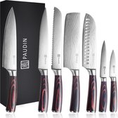 PAUDIN NS7 Ensemble de couteaux professionnels au Design japonais - Set de 7 pièces - Couteau de chef tranchant, couteau à pain, couteau à découper, Santoku, Nakiri, couteau de bureau et couteau d'office - Motif Damas