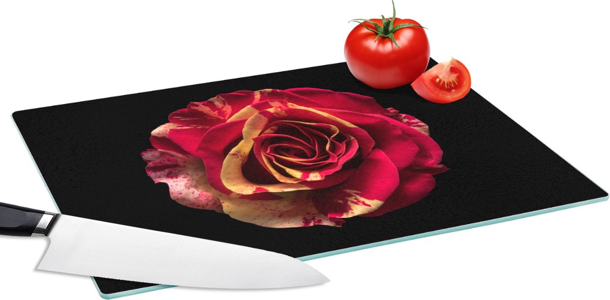 Glazen Snijplank - 39x28 - Bloem - Roos - Rood - Zwart - Snijplanken Glas