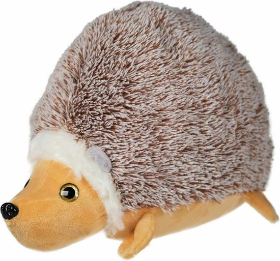 Lichtbruine pluche egel knuffel met beige snuit, zwarte neus en gouden ogen. Stekels zijn bruin-wit gespikkeld, met een witte rand rond het gezicht.