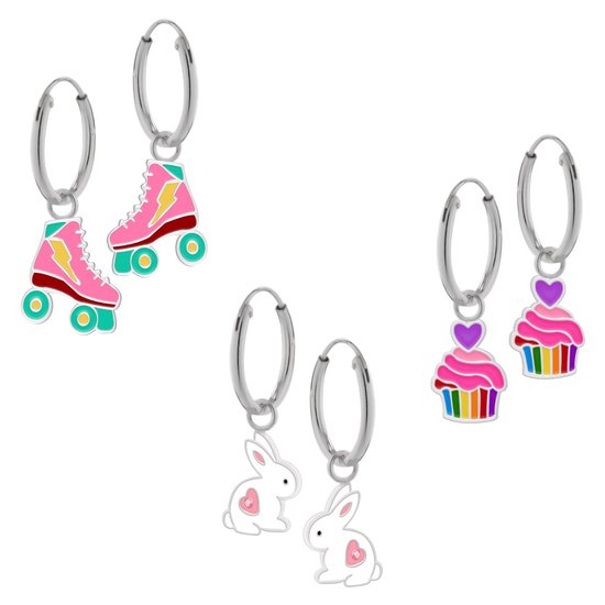 Set van zilveren oorringen met hanger, rolschaats, cupcake en konijn met kristal
