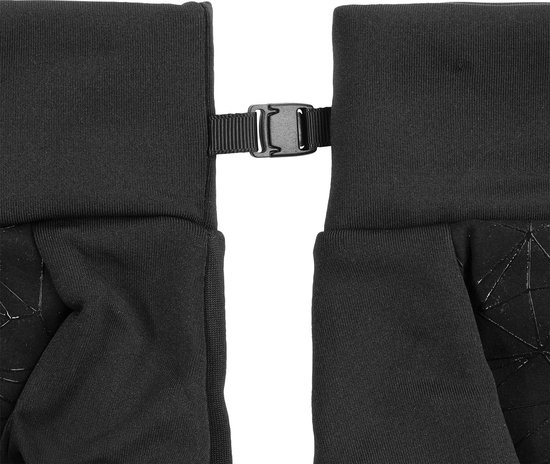 Detail van de zwarte Nomad handschoenen met verbindingsclip.