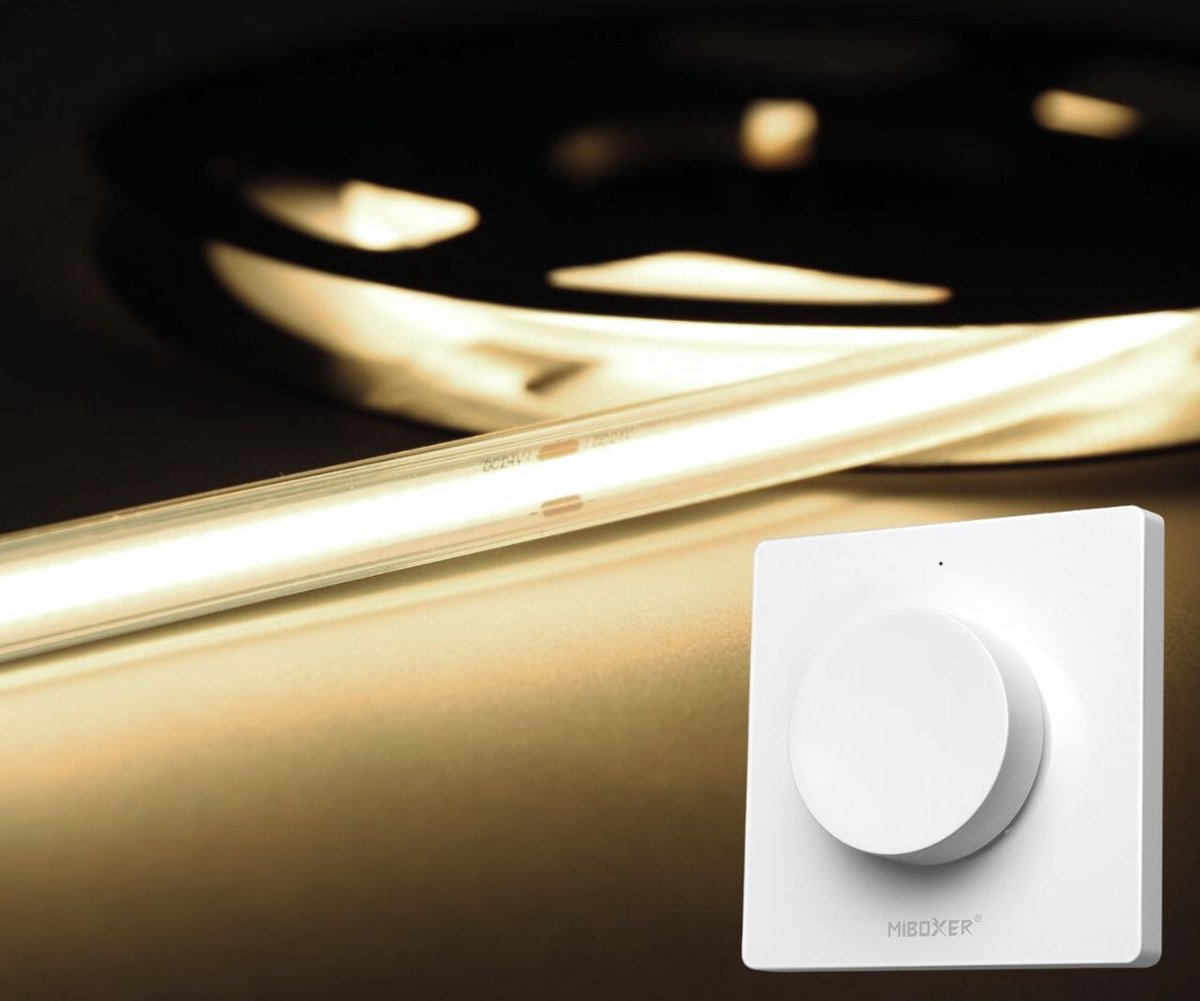 LED Strip COB - 5 Meter - Complete Set - 4000k - Neutraal Wit - 24V - IP65 Waterdicht - 480LED/m - Met Draadloze Mi-Light(MiBoxer) wanddimmer(Wit)