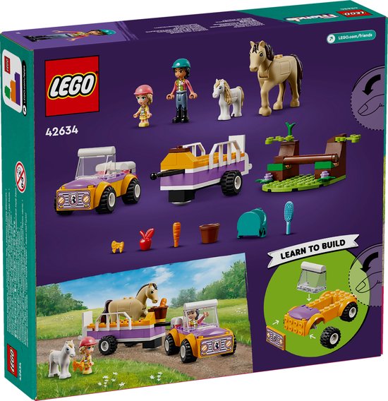 Remorque à chevaux LEGO Friends avec cheval, poney, deux figurines et accessoires.