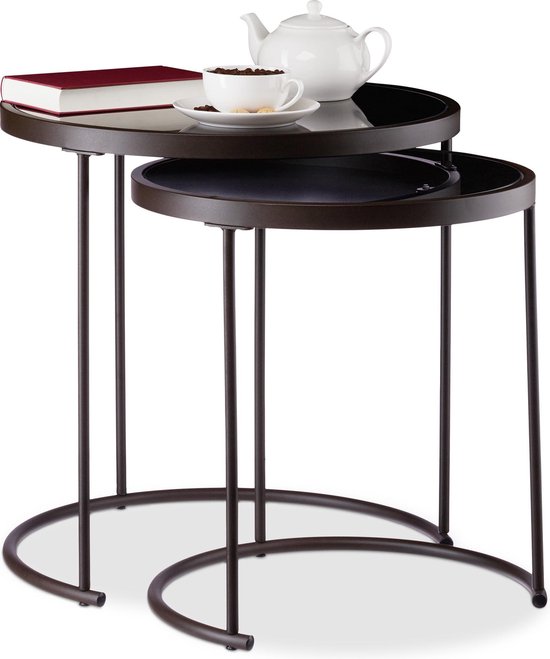 relaxdays bijzettafel zwart glas - set van 2 stuks - glastafel - salontafel  - rond metaal | bol.com