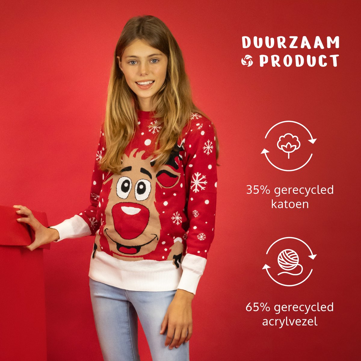 JAP Christmas Kersttrui voor kinderen (maat 134/140) - 100% Gerecycled - Kriebelt niet - Kerstcadeau - Foute Kersttrui jongens en meisjes (9/10 jaar) - Rudolf het Rendier - Rood — afbeelding 5