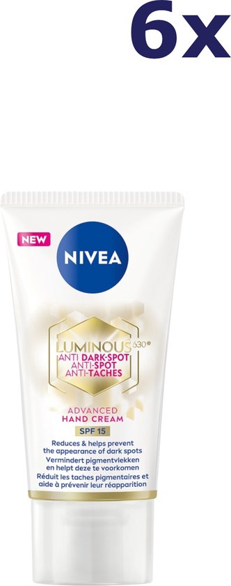 Tube Nivea Luminous 630 handcrème, met de tekst 'NEW' en 'ANTI DARK-SPOT'.