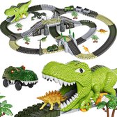 Trains électriques – Piste de course de Jouets de Dinosaurus , 281 pièces de jouets de train de Dinosaurus pour Enfants, voies de train flexibles avec 4 Dinosaures, 2 voitures de course électriques avec Siècle des Lumières
