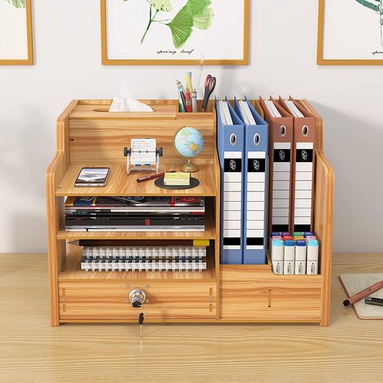 Updated Wooden Desk Organiser with Drawer, Large Capacity Desk Organiser, A4 Paper Document Sorter, DIY Office Supplies, Storage Box for Home - Merkloos