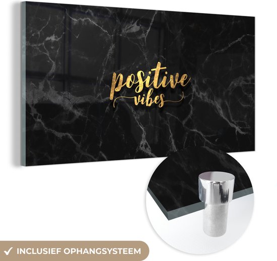 MuchoWow® Glasschilderij 40x20 cm - Schilderij acrylglas - Quote - Positief - Goud - Marmer - Foto op glas - Schilderijen