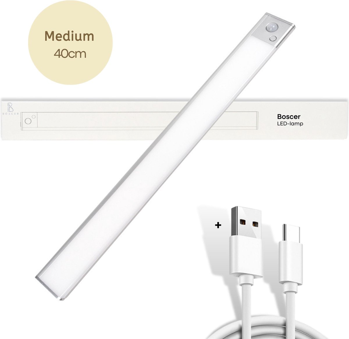 Boscer Led Lamp - 40 CM - Bewegingssensor - Lichtsensor - Magnetisch - USB-C Oplaadbaar - Trapverlichting - Keukenlamp - Nachtlamp - LED Strip