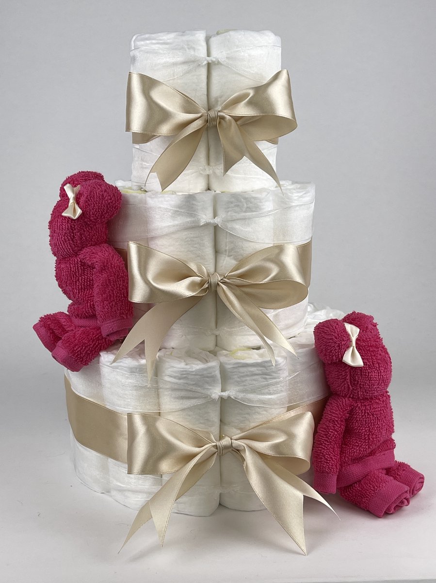 Chouette-Chouette | Luiertaart Meisje | Kraamcadeau | Geboorte Meisje | Babyshower | Beren Fuchsia roze - Beige