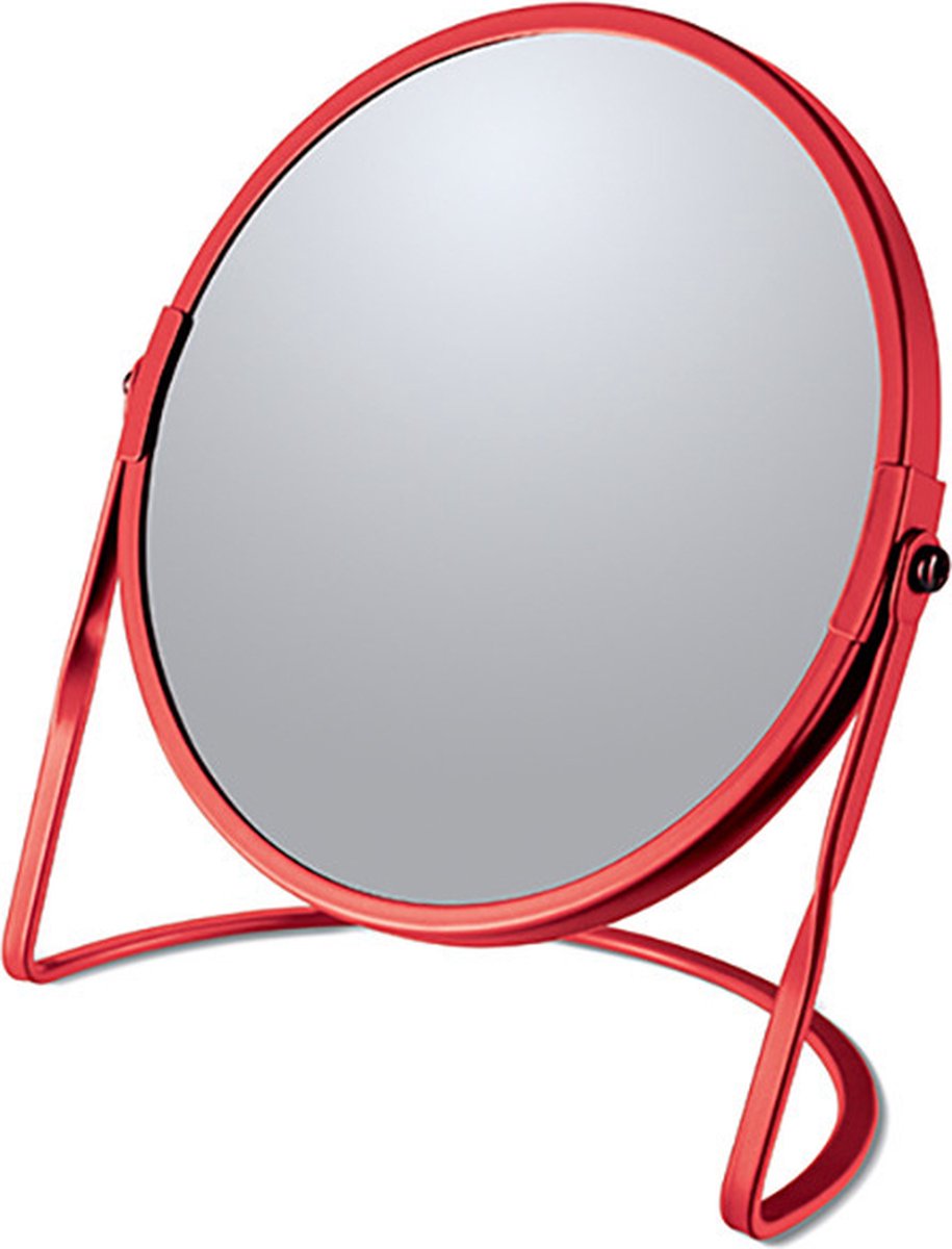 Make-up spiegel Cannes - 5x zoom - metaal - 18 x 20 cm - rood - dubbelzijdig