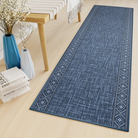 Tapiso Antislip Rubber Mat Loper Blauw Woonkamer Slaapkamer Hal Klassiek Modern Rubbermat Maat- 80x750