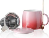 Tasse à thé en céramique avec passoire, couvercle et cuillère, 450 ml, grande tasse à thé pour thé, café, lait – Passe au micro-ondes et au lave-vaisselle (450 ml, Sakura rose)