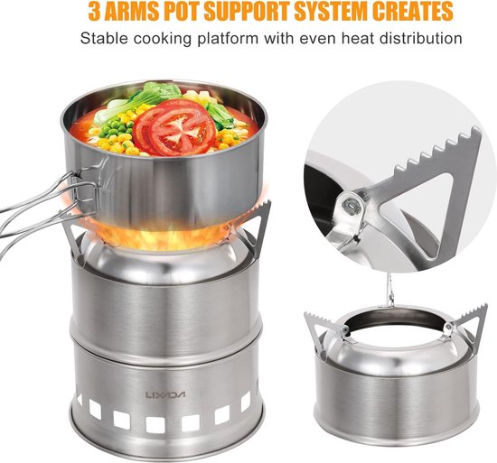 Lixada Réchaud à Bois Portable Inox – Poêle Camping Ultra-Léger, Carburant Gratuit Avec Brindilles, Idéal Randonnée & Pique-Nique