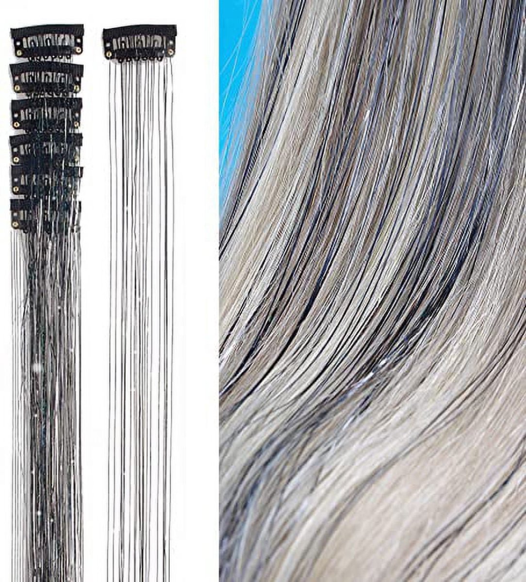 2 x clip-in ZWARTE Hair Tinsels - Glitter Extensions - Glitterhaar - Glitter Haar Extensions - clip extensions zwart