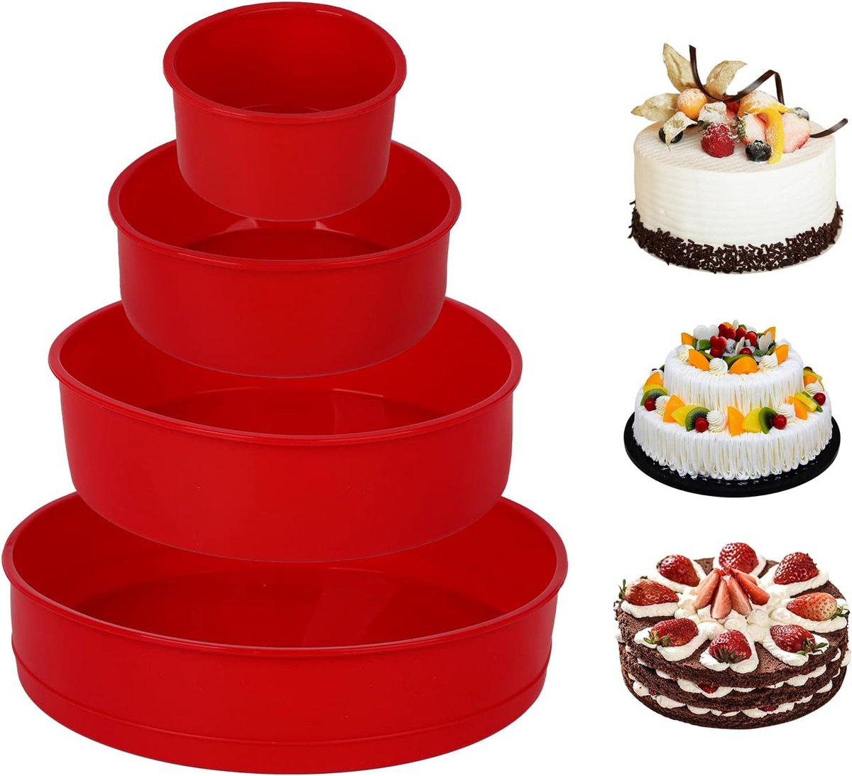 4 stuks siliconen taartvormen om te bakken, ronde taartvormset, ronde cakevorm, siliconen bakvormen, bakvormen, cakevorm, bakplaat voor groentepannenkoeken, pizza, 4, 6, 8, 25 cm