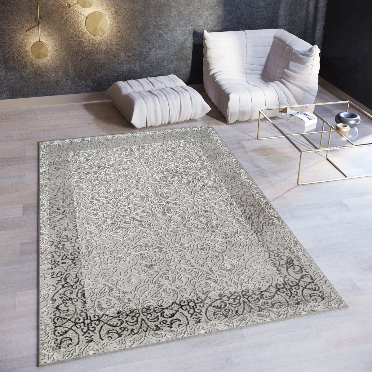 Tapiso Ares Vloerkleed Grijs Licht Laagpolig Woonkamer Frame Oriental Tapijt Maat- 120x170