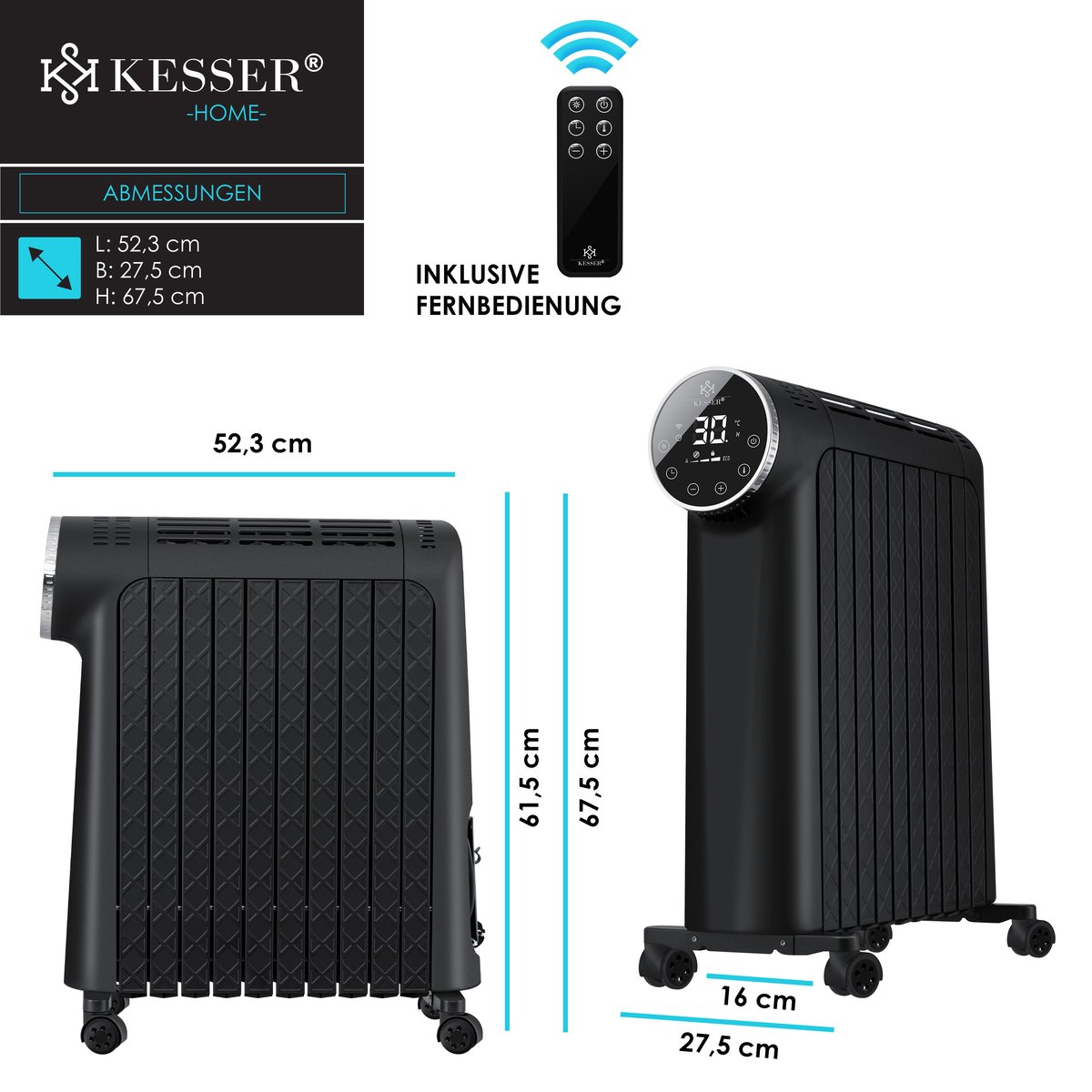 KESSER® Radiateur à Bain d'huile 2 500 W | Chauffage électrique | Radiateur  | économe en énergie avec écran, Application WiFi, télécommande et écran