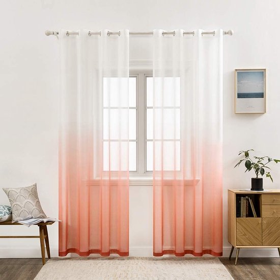 Set van 2 transparante gordijnen, kleurverloop, voile sheer gordijnen met ringen, decoratief raamgordijn voor slaapkamer en woonkamer, 175 cm x 140 cm (H x B), wit & oranje poeder.