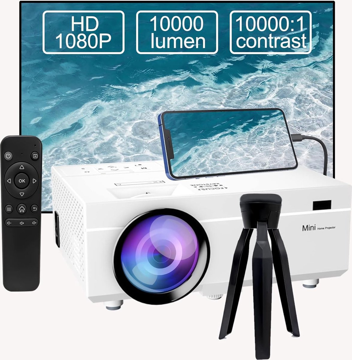 Mini Beamer - Bluetooth Audio - Input tot 1080P Full HD - 10000 Lumen - Projector - Mini Projector - HDMI - USB - Wit - Smartphone - Draagbaar - Ingebouwde speaker - Inclusief standaard