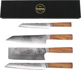 Sumisu Knives - Japanse messenset 4-delig - Wood collection - 100% damascus staal - Chefkok messenset - Geleverd in luxe geschenkdoos