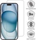 Telefoon met screenprotector. Iconen voor anti-vingerafdrukken, 9H hardheid, krasbestendig en 99,9% transparant.