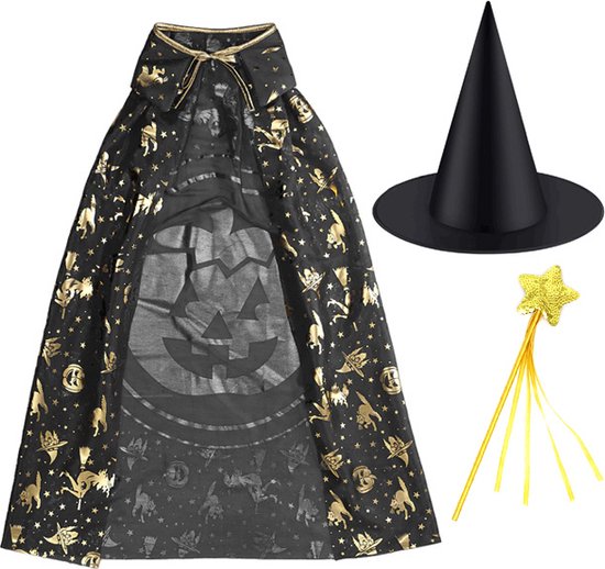 Halloween kostuum kind Tovenaar Heks 3-delig (cape, hoed + toverstaf) 3-8 jaar (maat 98-128) verkleedkleding Halloween kostuum kind
