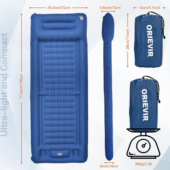 Campingslaapmat, 12 cm verdikte opblaasbare matras met kussen en voetpomp, ultralicht luchtbed, slaapmatten voor wandelen, reizen, dikke buitenslaapmat voor strand, tent, van Sinwind — afbeelding 3