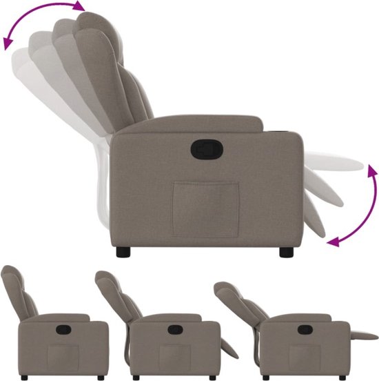 Zij-aanzicht van taupe fauteuil in verschillende verstelposities.