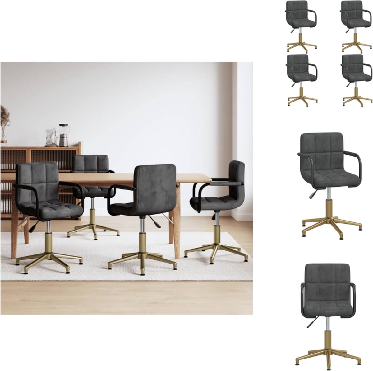 VidaXL Eetstoelen Draaibaar 48x47x(74.5-88.5) cm Donkergrijs Goud Fluweel Gasveermechanisme Eetkamerstoel