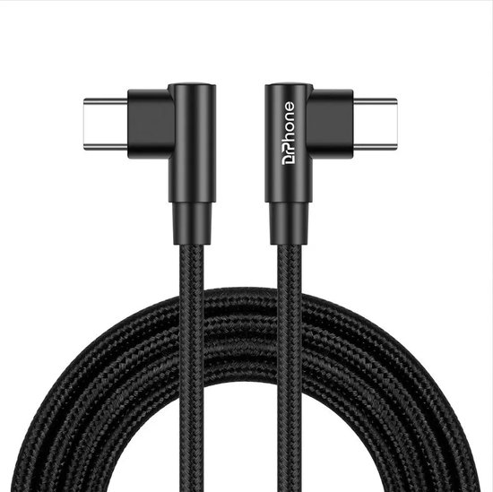 DrPhone ProCharge 60W – 2M PD60W USB-C Naar USB-C Kabel - Lader en Datatransmissie – Nylon Kabel – Snellader - Zwart
