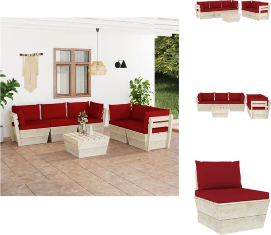 vidaXL Pallet Lounge Set - 6-delig - Geïmpregneerd vurenhout - Wijnrode kussens - 60x60x65cm - Montage vereist - Tuinset