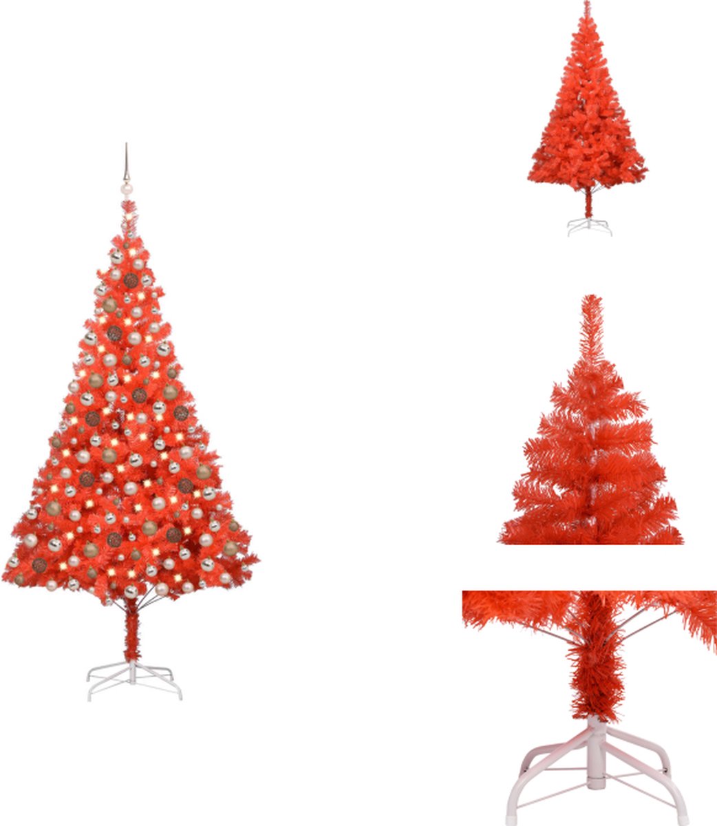 vidaXL Kunstkerstboom 210 cm Rood - PVC - LED-verlichting - Inclusief kerstballen en piek - Decoratieve kerstboom