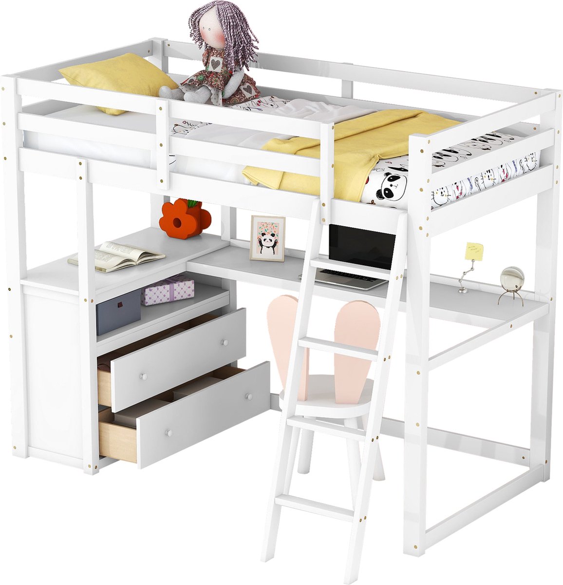 Chambre enfant avec lit superposé, armoire à 2 portes battantes et bureau  avec étagères