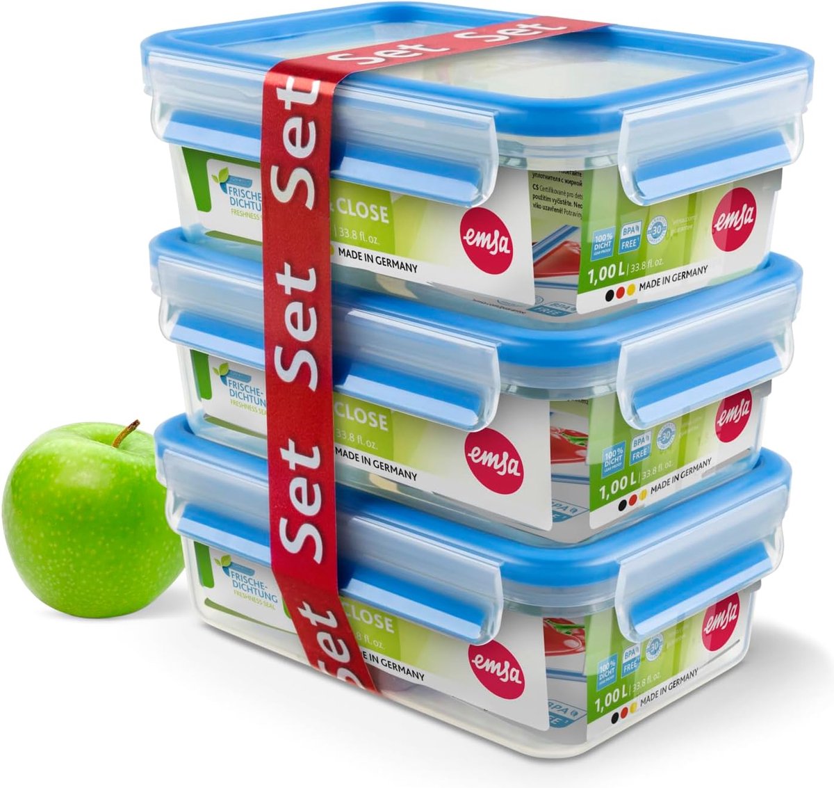 Emsa Food Clip & Close Vershoudbakjes 508558, 3-Delig, Plastic, 1 L, Transparant/Blauw