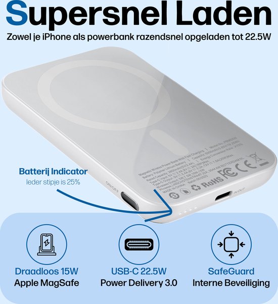 Phreeze Magnetische Powerbank 5000 mAh - Geschikt voor MagSafe - Powerbank Snellader - LED - Draadloos Opladen