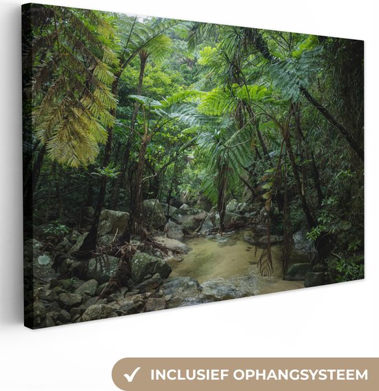 Canvas schilderij 140x90 cm - Wanddecoratie Riviertje in tropische jungle - Muurdecoratie woonkamer - Slaapkamer decoratie - Kamer accessoires - Schilderijen