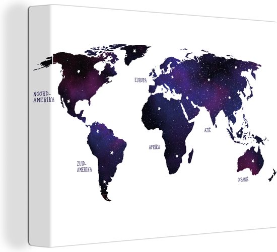 Canvas Wereldkaart - 40x30 - Wanddecoratie Wereldkaart - Sterrenhemel - Paars