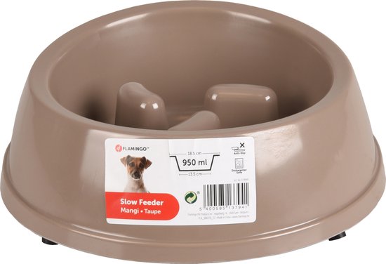 Flamingo Eetpot "Mangi" Slow Feeder – Taupe – 950 ml – Anti-Schrok Voerbak voor Middelgrote Honden en Katten