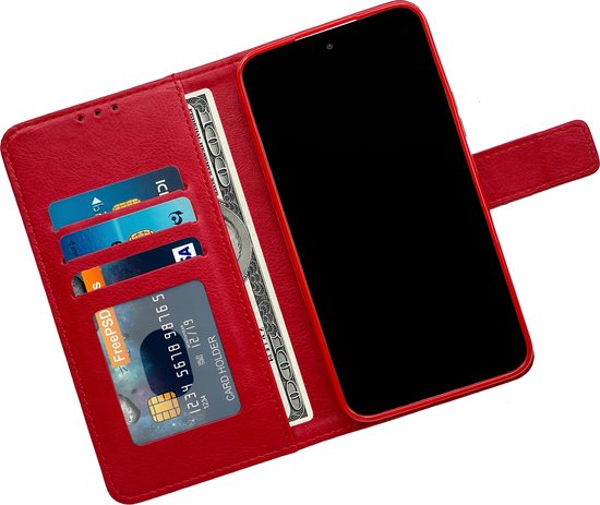Gedetailleerde opname van een rode portemonnee book case, geopend met telefoon, kaarten en geld.