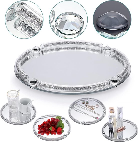 25cm Glass Mirrored Tray with Chopped Diamond Frame - Round Decorative Display Tablet Crystal - Eitele Tray for Cosmetic Perfume and Jewelry, Cup-Tray