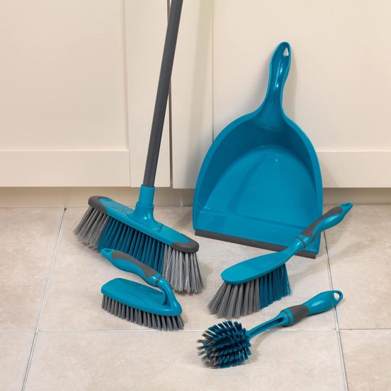 LA024152TQ 5 Piece Household Cleaning Set including Handheld Dustpan and Brush, Floor Broom, Scrubbing Brush & Dish Brush, Starter Cleaning Set Students/New Homeowner, Turquoise - 