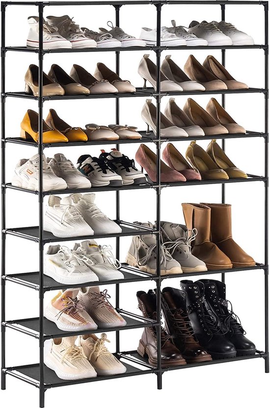 Schoenenrek met 9 niveaus, doe-het-zelf schoenenrek, schoenenopslag, 140 x 90 x 30 cm, schoenenkast, schoenenrek, T-zwart, 9 + 7 lagen