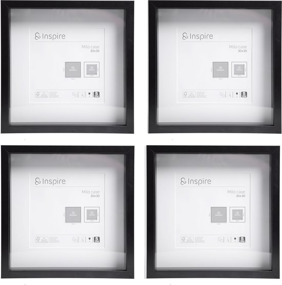 INSPIRE - Set van 4 MILO fotolijsten - 30 x 30 cm - FSC MDF hout - zwart - glasplaat - fotolijst - wandmontage
