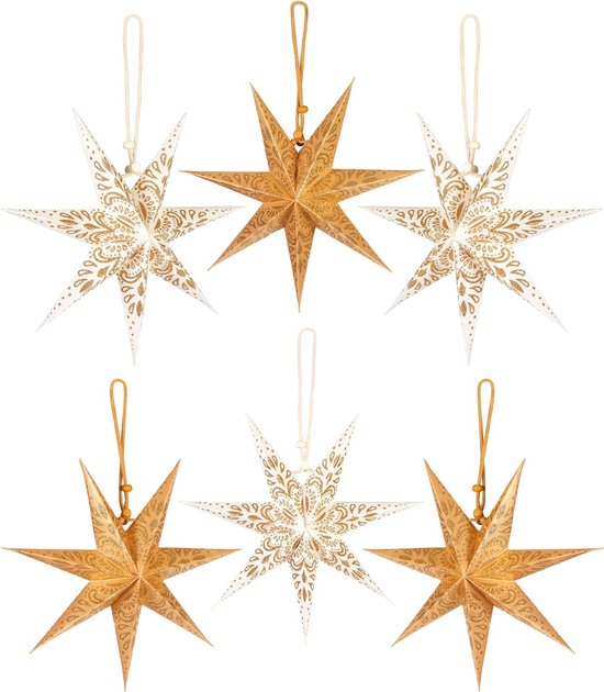 BRUBAKER 6 papieren sterren Kerstmis - poinsettia decoratieset - 20 cm vouwsterren goud wit - grote boomdecoratie papieren sterren - kerstboomversiering - kerstboom- en raamdecoratie