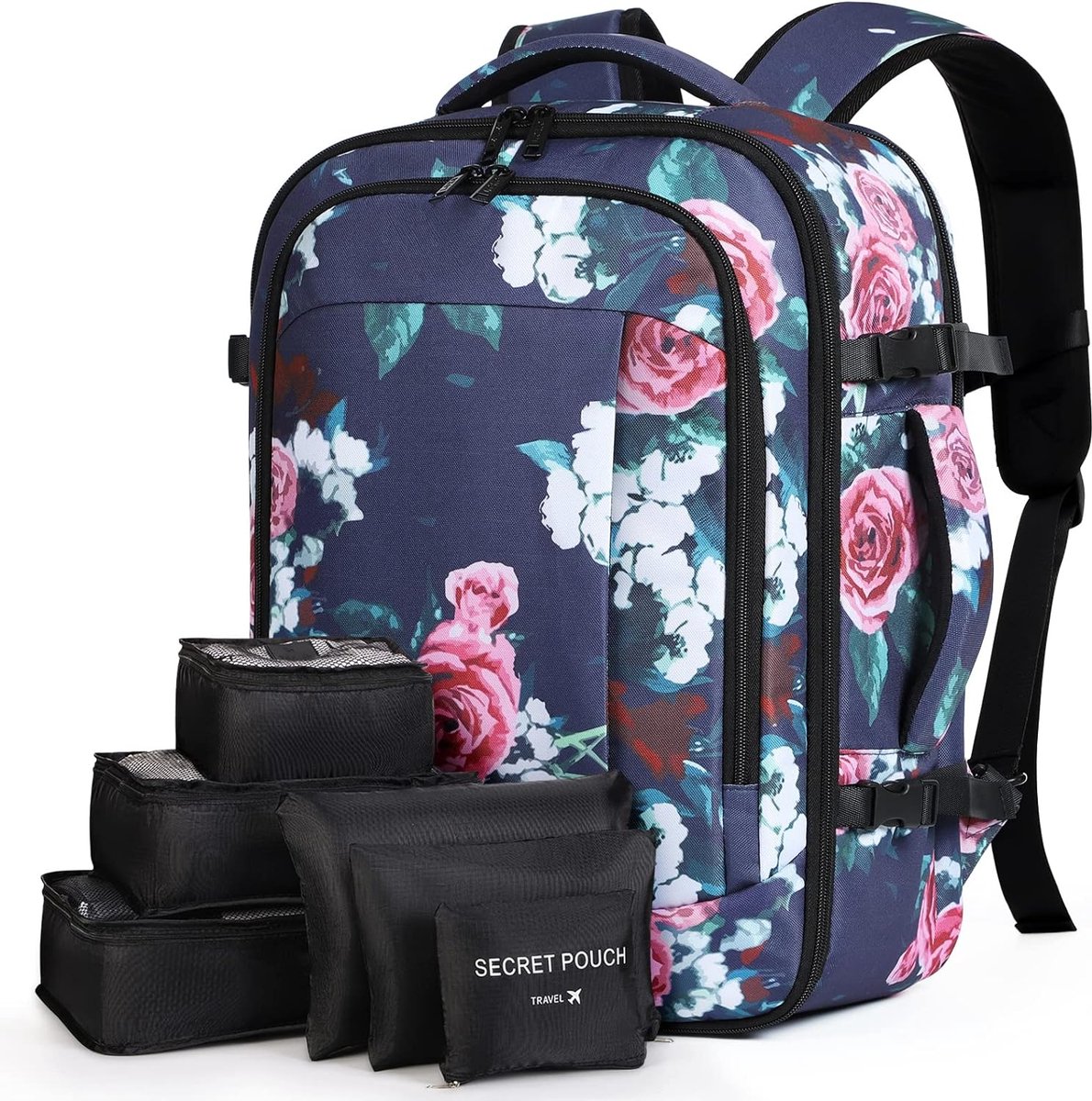 Grote rugzak voor heren en dames, 17 inch laptoprugzak, handbagage, rugzak, reisrugzak met 6-delige kledingtassen voor vakantie, business, werk, reizen, blauwe bloemen, Casual