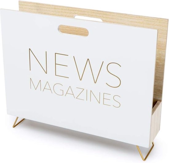 Tijdschriftenstandaard kleur wit voor tijdschriften, catalogi en dagbladen met handvat DM-HOL