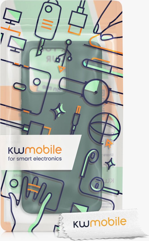 Verpakking van kwmobile met een telefoonhoesje en illustraties van telefoonaccessoires in groen en oranje.